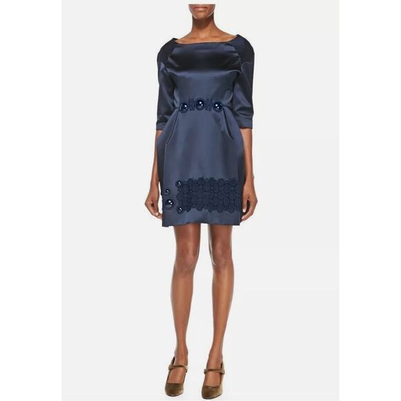 Marc Jacobs Silk Cabochon Embroidered Duchesse Satin Dress Womens Medium Blue - Picture 1 of 16